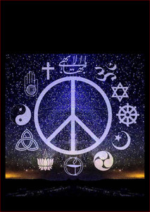 Peace sign surrounded by different faith images